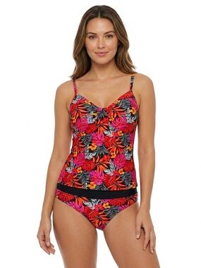 Heat Tropical Floral Tankini Bikini Set Black Pink Twist Front Size Small NWT